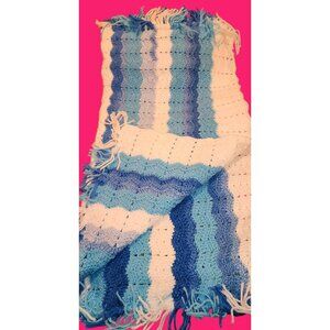 Handmade Crochet Blue White Striped Baby Blanket With Fringe NEW